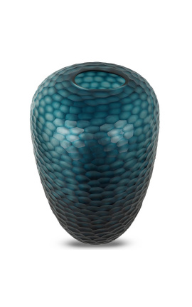 Grand vase cylindrique &quot;Mado&quot; en verre bleu à facettes géométriques