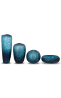 Grand vase cylindrique "Mado" en verre bleu à facettes géométriques