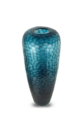 Very large cylindrical vase &quot;Mado&quot; in blue glass with geometric facets