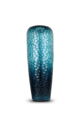 Много голяма цилиндрична ваза "Мадо" в синьо стъкло с геометрични страни
