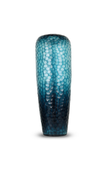 Very large cylindrical vase "Mado" in blue glass with geometric facets