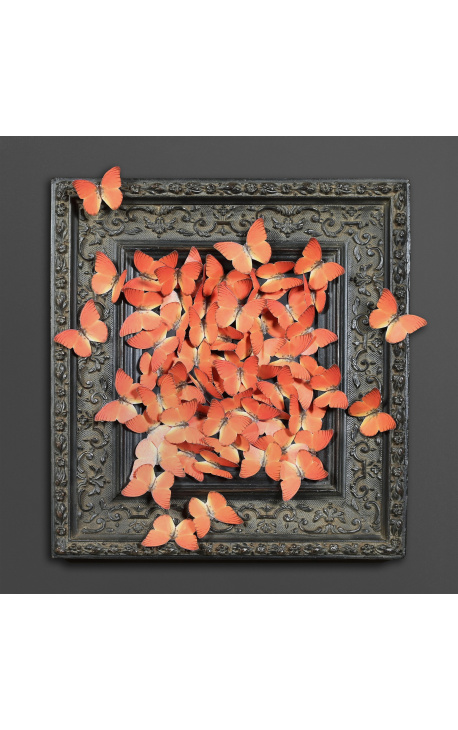 19th century black patinated style frame with flight of orange butterflies