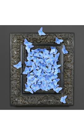 19th century black patinated style frame with flight of blue butterflies