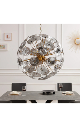 Современная люстра круглой формы и золота с 48 декоративными элементами из дымчатого стекла