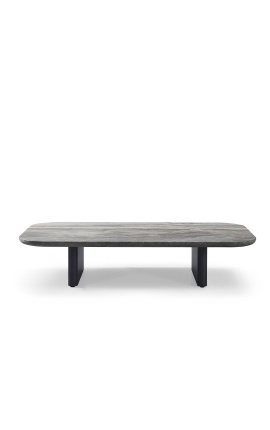 Table basse "Aruba" de couleur gris en aluminium avec plateau en travertin