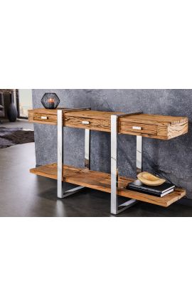 Console in teak riciclato 3 cassetti con piedi in acciaio inossidabile