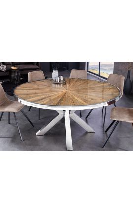 Mesa de comedor de teca reciclado con base de acero inoxidable 120 cm