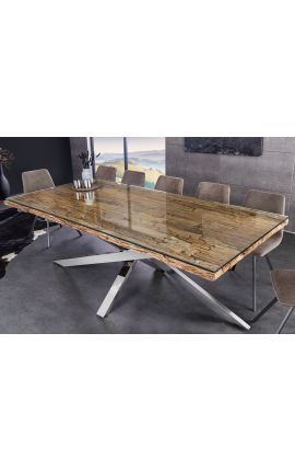 Table de repas en teck recyclé avec piètement en acier inoxydable 220 cm