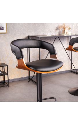 Καρέκλα μπαρ σχεδιασμού "Μπέιλ" καρύδια και μαύρο δέρμα