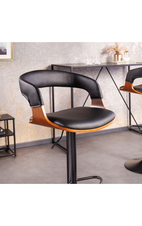 Chaise de bar design "Bale" en noyer et tissu simili cuir noir