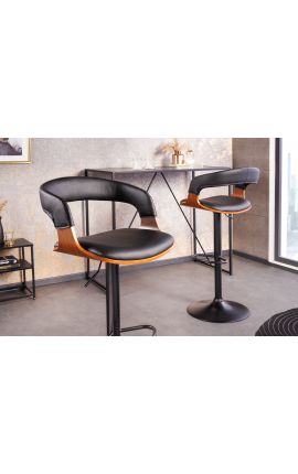 Chaise de bar design &quot;Bale&quot; en noyer et tissu simili cuir noir