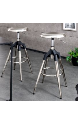 Tabouret de bar de style industriel en métal argenté, rotatif et réglable en hauteur