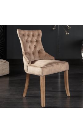 Set di 2 sedie in velluto tortora e legno naturale con anello nello schienale