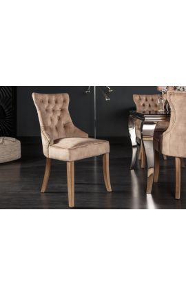 Ensemble de 2 chaises velours taupe et bois naturel avec anneau dans le dos