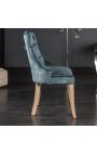 Dviejų kėdžių rinkinys, pagamintas iš petrolinio mėlyno sviesto ir natūralios medienos su žiedu už nugaros