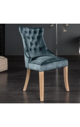 Conjunto de 2 cadeiras em gasolina azul veludo e madeira natural com anel nas costas