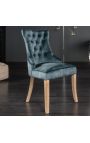 Σετ από 2 καρέκλες από μπλε βελούδι και φυσικό ξύλο με δαχτυλίδι στην πλάτη