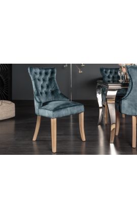 Set de 2 scaune din catifea albastră şi lemn natural cu inel în spate