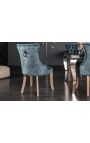 Set of 2 chairs in petrol blue velvet and natural wood with ring in the back