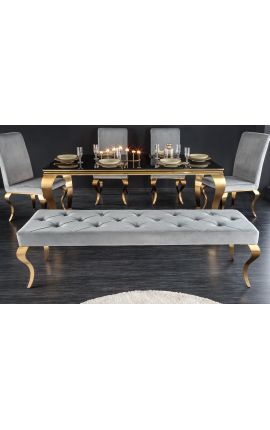 Modern baroque flat bench in gray velvet and golden stainless steel