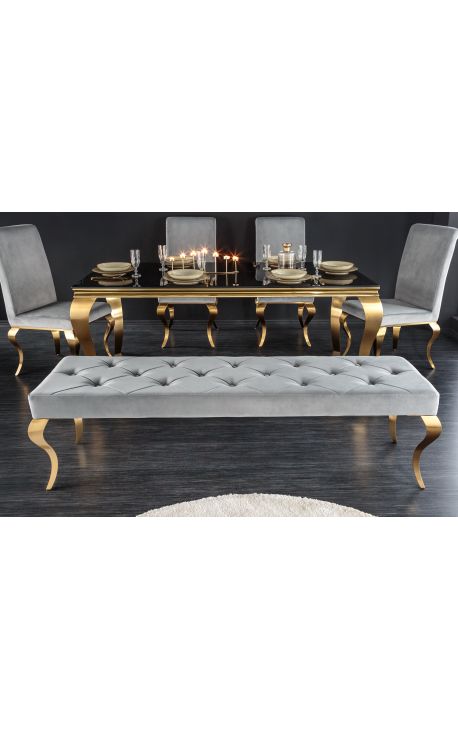 Banquette plate baroque moderne velours gris et acier doré