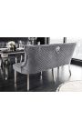 Banc pla barroc modern de vellut gris i acer inoxidable cromat