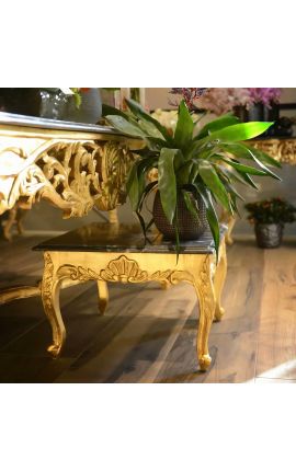 Table basse carrée de style baroque avec bois doré et marbre noir
