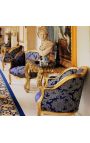 Big bergere armchair Louis XV style blue "Gobelins" satine fabric and gold wood