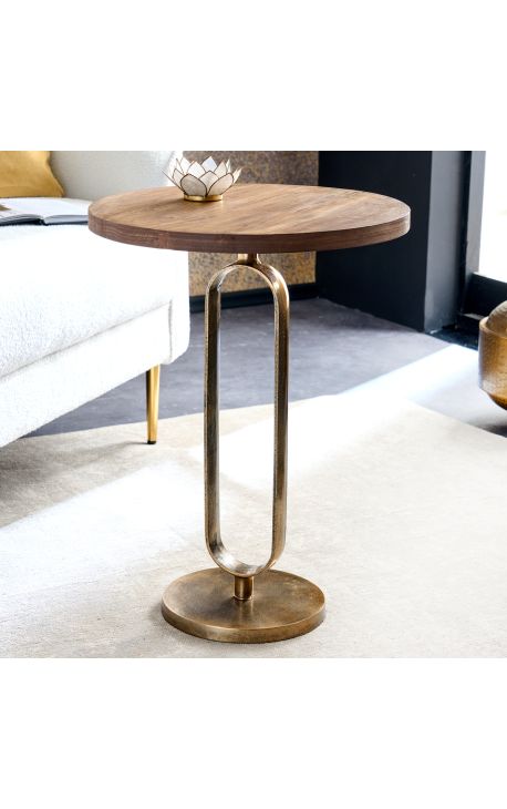 Table d'appoint BENI métal couleur laiton et plateau en bois de manguier