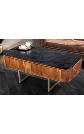 Table basse en manguier GABBY avec plateau en marbre noir