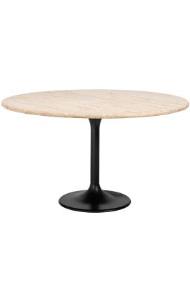 Apaļa ēdamgalds HENRY melnā metāla un top smilškrāsas travertīns - 140 cm