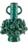 Grand vase vert au décor de coquillages en porcelaine émaillé avec anses