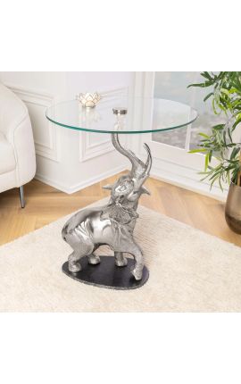 Tavolino "Elefante" in alluminio argentato con base in marmo nero