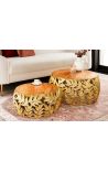 Set of 2 coffee round table Foliage of gold aluminium and mango wood