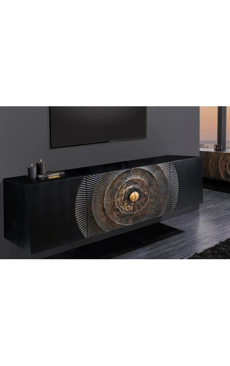 Zwart en gouden hangend dressoir in mangohout met 3D cirkelvormige patronen