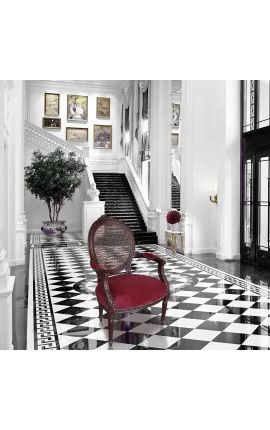 Poltrona in stile barocco Luigi XVI impagliato, velluto bordeaux e legno di mogano