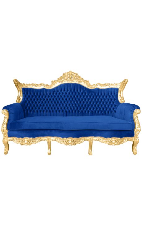 Barok Rococo 3 zitplaatsen donkerblauw fluweel en goud hout