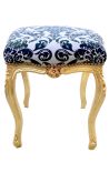 Repose-pied baroque tissu motifs floraux noir et bois doré