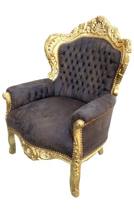 Grand fauteuil de style Baroque tissu chocolat et bois doré