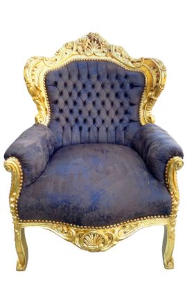 Grote barokstijl fauteuil chocolade suède stof en goud hout