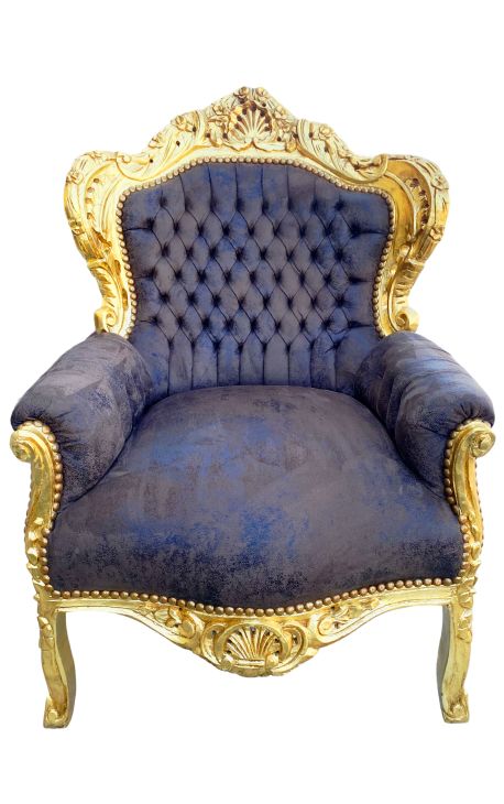 Grote barokstijl fauteuil chocolade suède stof en goud hout