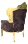 Grote barokstijl fauteuil chocolade suède stof en goud hout