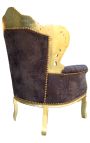 Grote barokstijl fauteuil chocolade suède stof en goud hout