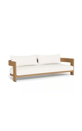 Sofa cu 3 locuri "Aruba" tec masiv și material alb - 239 cm