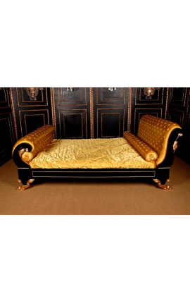 Ampiirstiilis voodi kuldse satiinkanga ja musta lakitud puiduga
