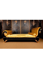 Cama estilo império em tecido acetinado dourado e madeira lacada preta