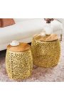 Set van 2 ronde tafels CORY goud en goudtop in acacia