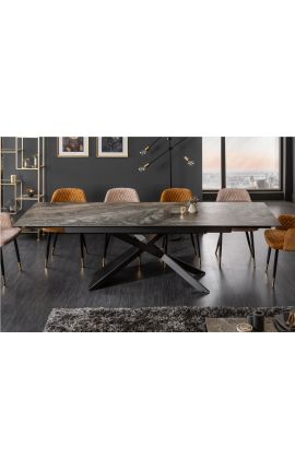 Table de repas &quot;Euphoric&quot; acier noir et plateau en céramique marbre gris 180-220-260