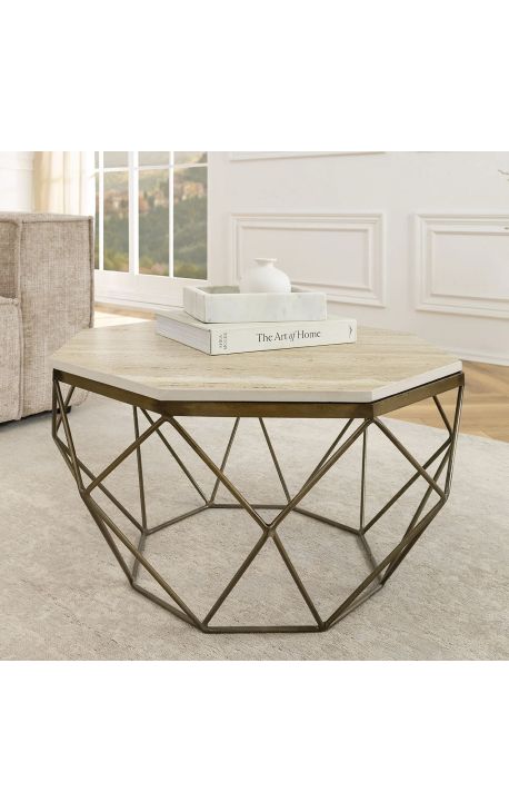 Octogonal "Diamo" kaffebord, beige travertin og messingfarvet metal