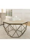 Ottagonale "Diamo" tavolino da caffè, top travertino beige e metallo color ottone